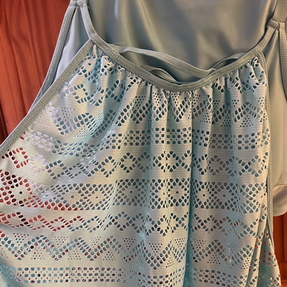 Blue Patterned bathing suit with built-in cover top and shorts - Picture 2 of 5